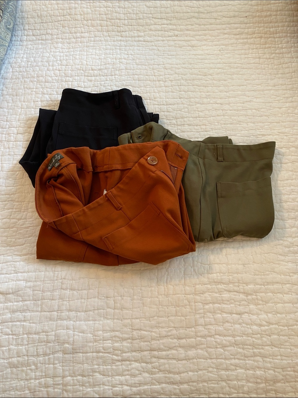 Three pair of wonderly  pants Rust Orange, Olive & Black Trousers Trio